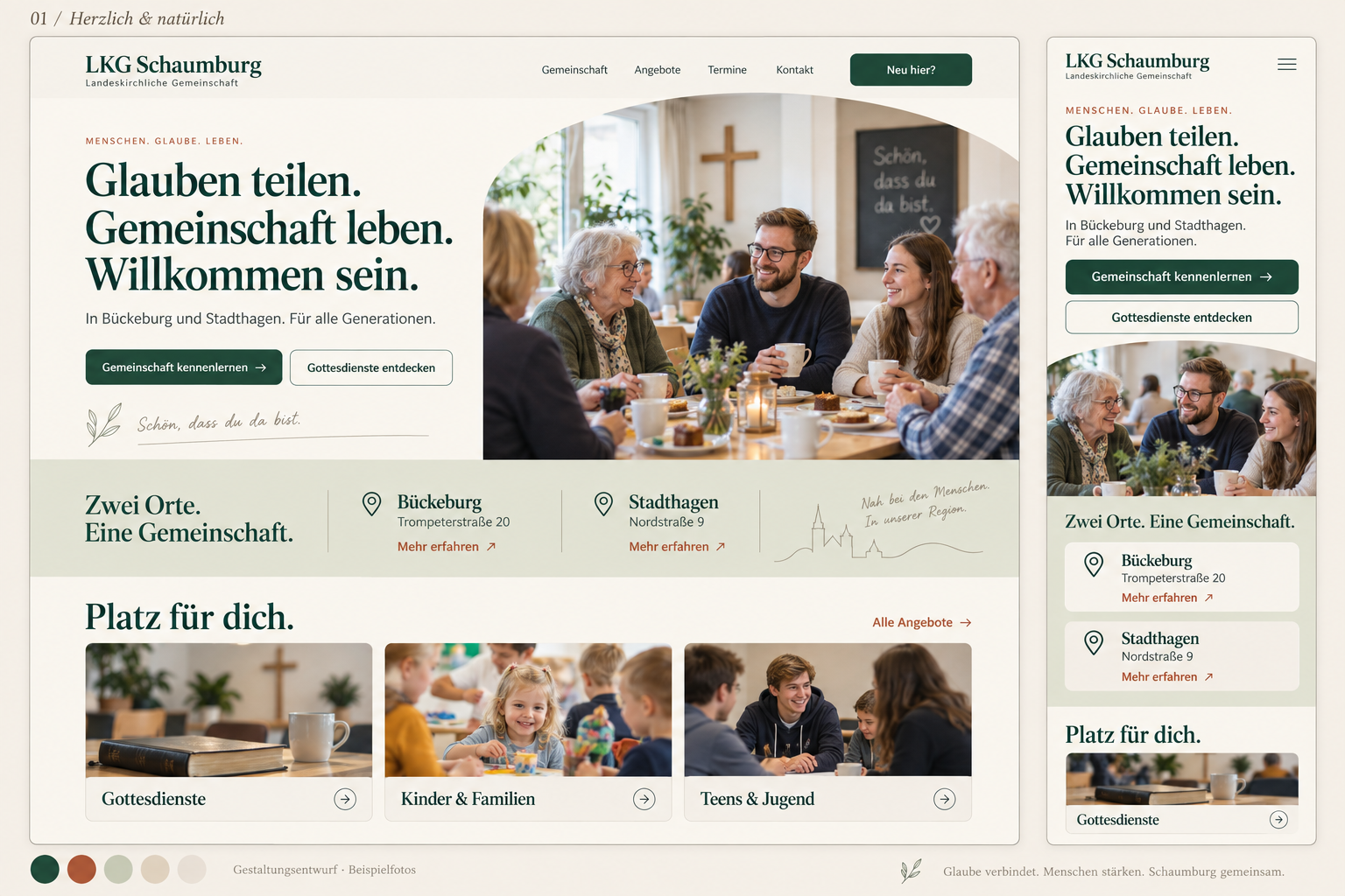 Entwurf 01 mit cremefarbenem Hintergrund, grüner Schrift und einladender Fotografie