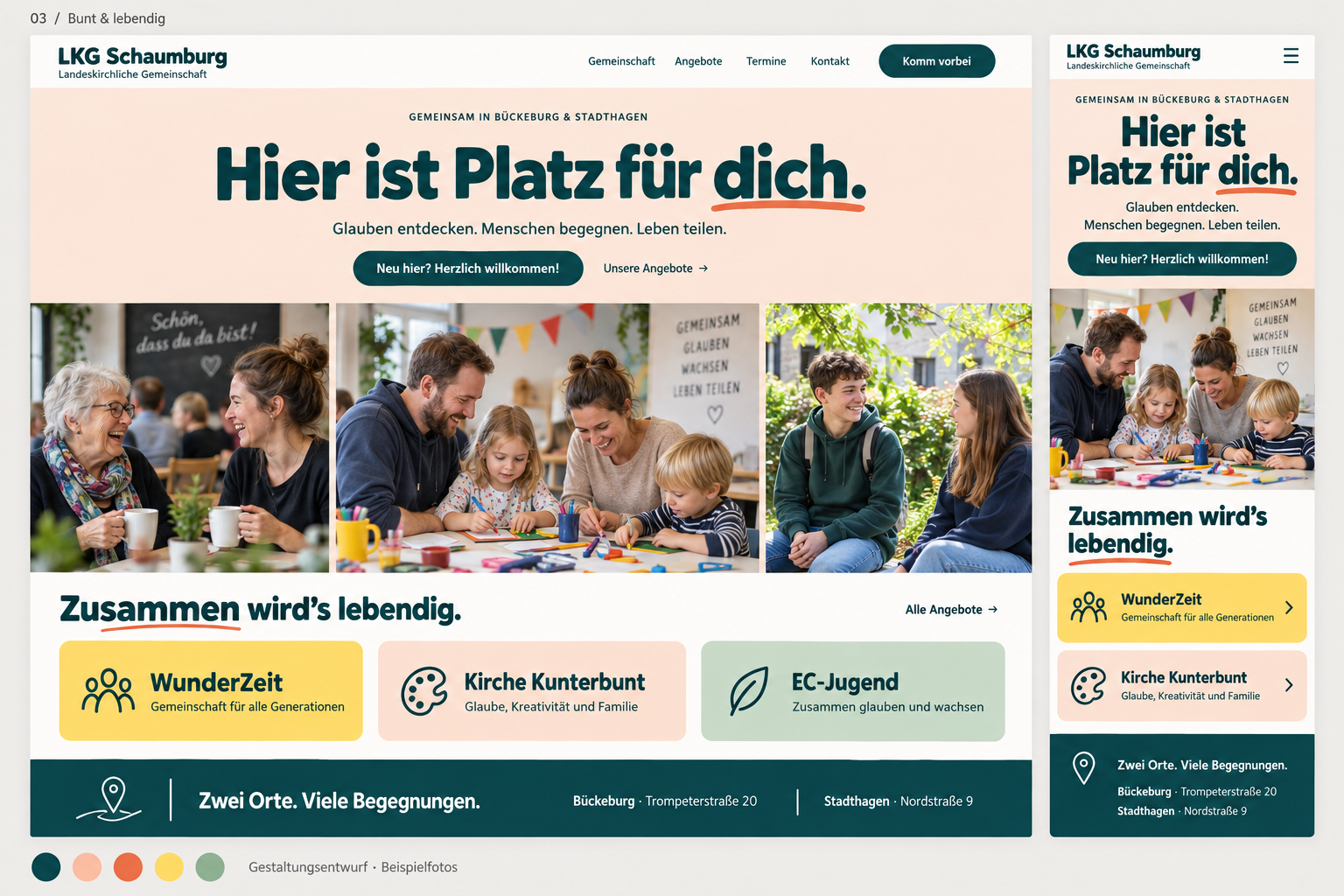 Entwurf 02 mit Apricot, Gelb und lebendigen Bildern des Gemeindelebens