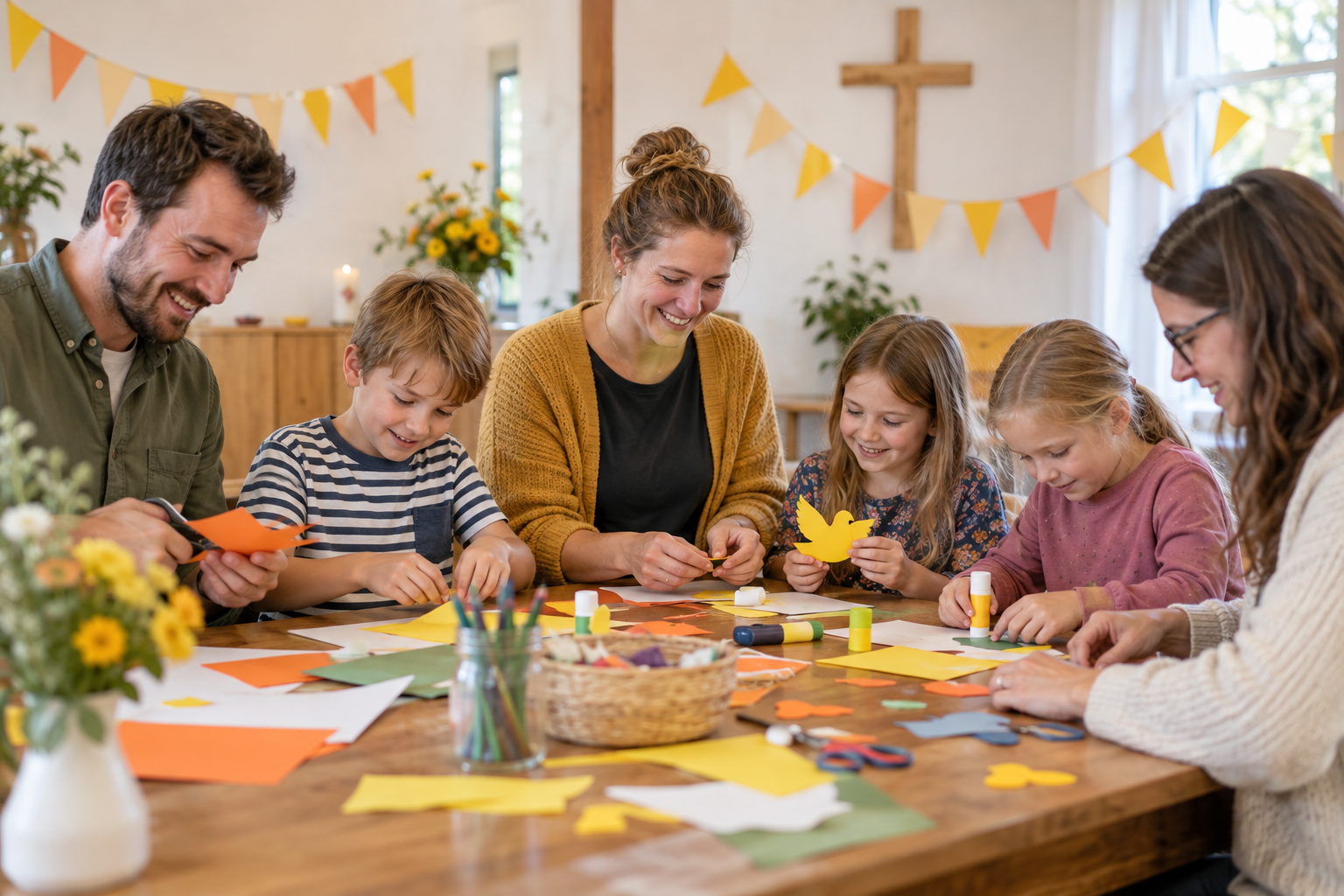 Beispielbild: Eine Familie gestaltet gemeinsam bunte Papierarbeiten